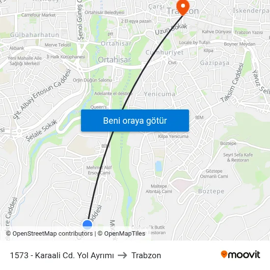 1573 - Karaali Cd. Yol Ayrımı to Trabzon map