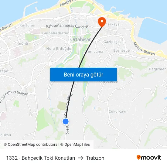 1332 - Bahçecik Toki Konutları to Trabzon map