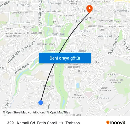 1329 - Karaali Cd. Fatih Camii to Trabzon map