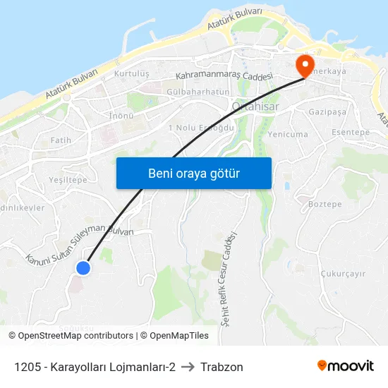 1205 - Karayolları Lojmanları-2 to Trabzon map