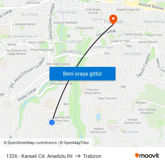 1326 - Karaali Cd. Anadolu İhl to Trabzon map