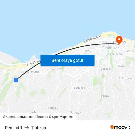 Demirci 1 to Trabzon map