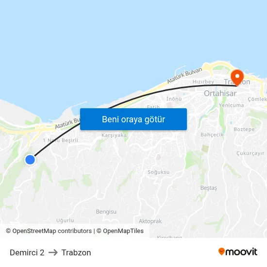 Demirci 2 to Trabzon map