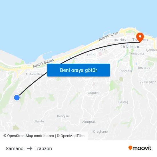 Samancı to Trabzon map