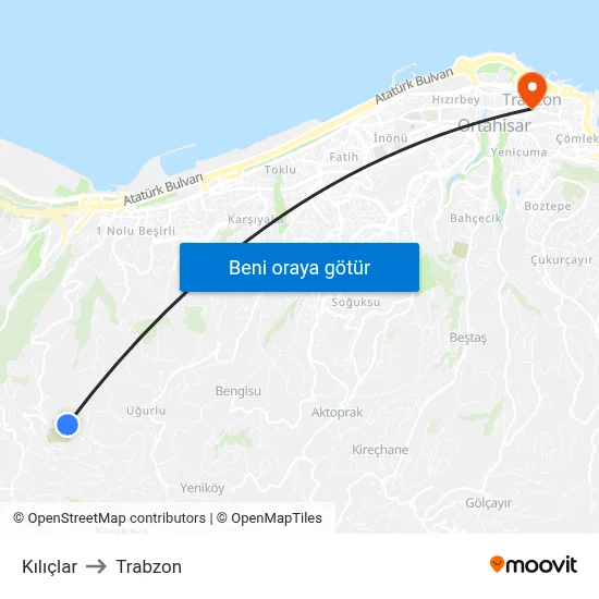 Kılıçlar to Trabzon map