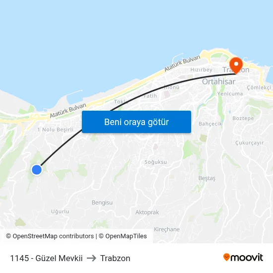 1145 - Güzel Mevkii to Trabzon map