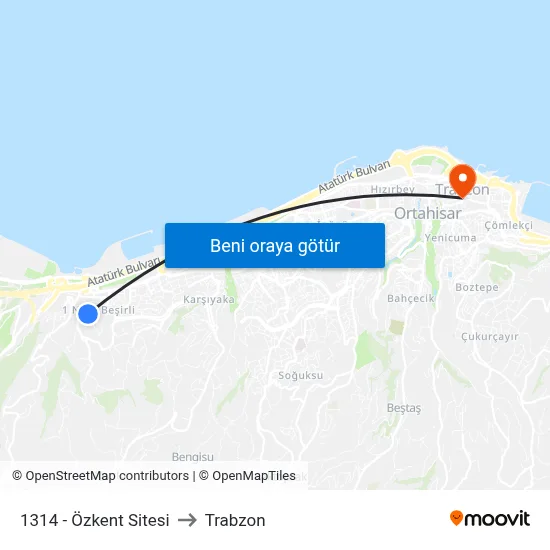 1314 - Özkent Sitesi to Trabzon map
