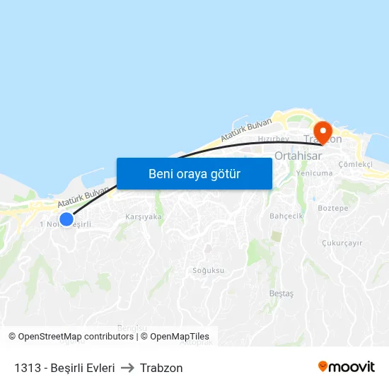 1313 - Beşirli Evleri to Trabzon map