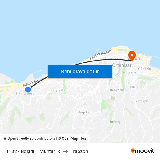 1132 - Beşirli 1 Muhtarlık to Trabzon map