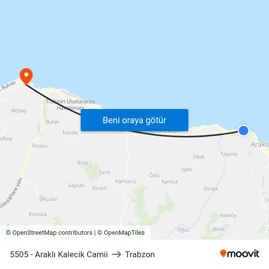 5505 - Araklı Kalecik Camii to Trabzon map