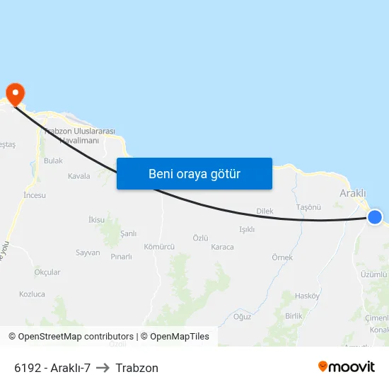 6192 - Araklı-7 to Trabzon map
