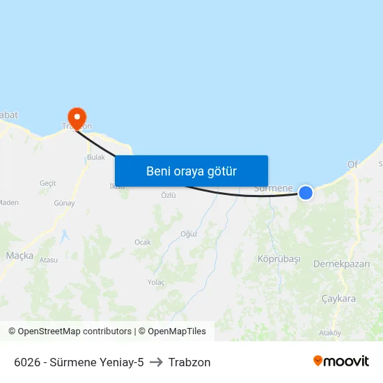 6026 - Sürmene Yeniay-5 to Trabzon map