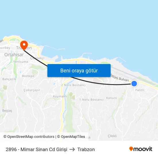 2896 - Mimar Sinan Cd Girişi to Trabzon map