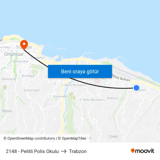 2148 - Pelitli Polis Okulu to Trabzon map