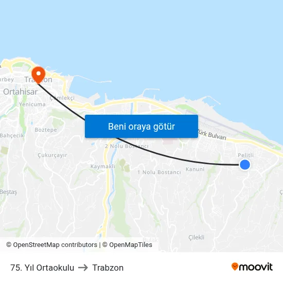 75. Yıl Ortaokulu to Trabzon map