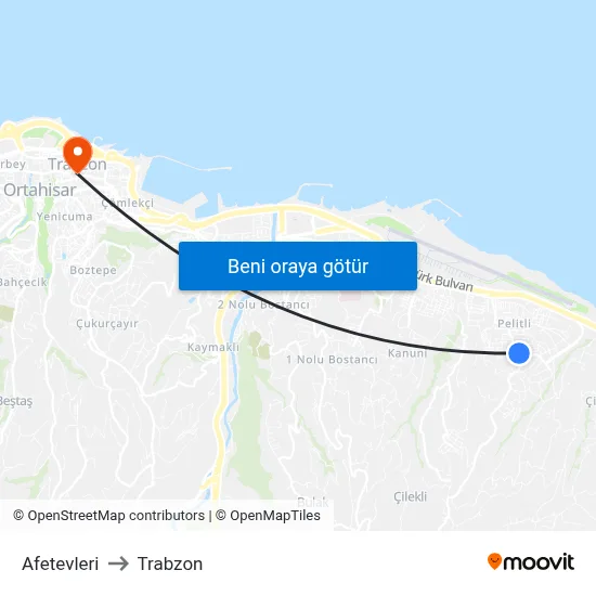 Afetevleri to Trabzon map
