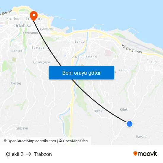 Çilekli 2 to Trabzon map