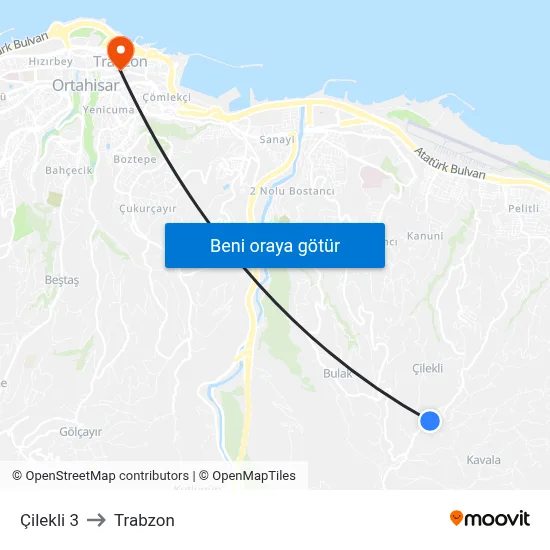 Çilekli 3 to Trabzon map