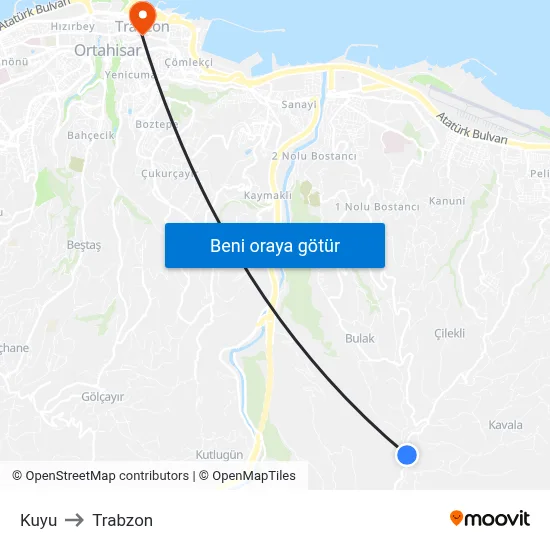 Kuyu to Trabzon map