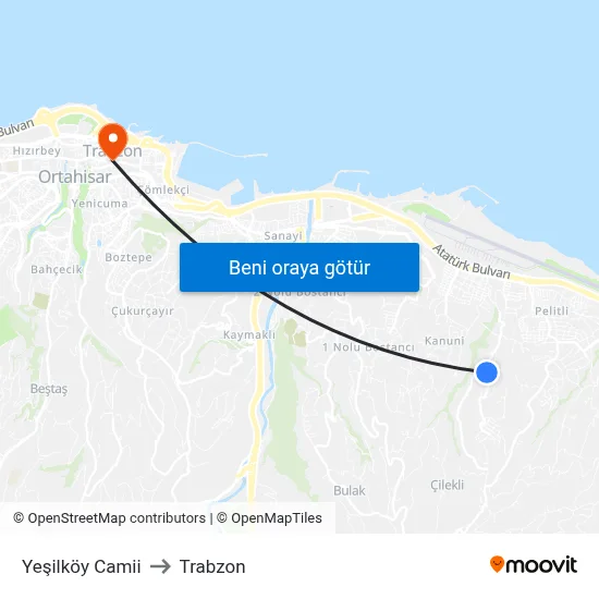 Yeşilköy Camii to Trabzon map