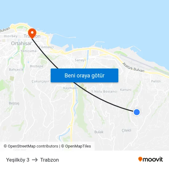 Yeşilköy 3 to Trabzon map