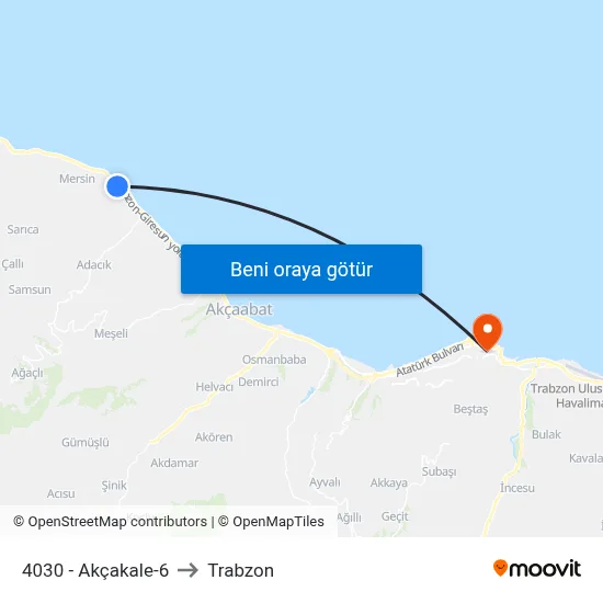 4030 - Akçakale-6 to Trabzon map