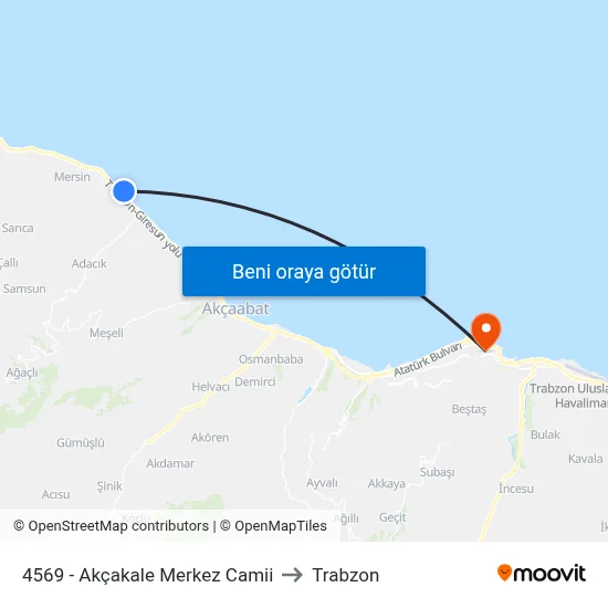 4569 - Akçakale Merkez Camii to Trabzon map