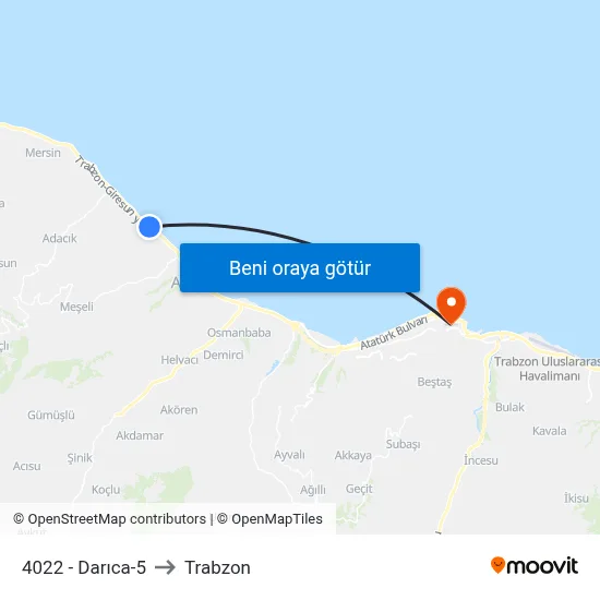 4022 - Darıca-5 to Trabzon map