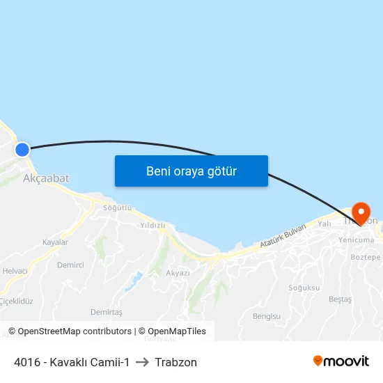 4016 - Kavaklı Camii-1 to Trabzon map