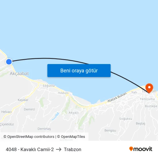 4048 - Kavaklı Camii-2 to Trabzon map