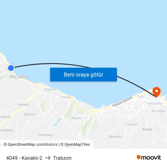 4049 - Kavaklı-2 to Trabzon map