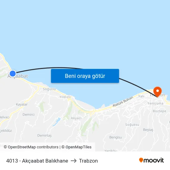4013 - Akçaabat Balıkhane to Trabzon map