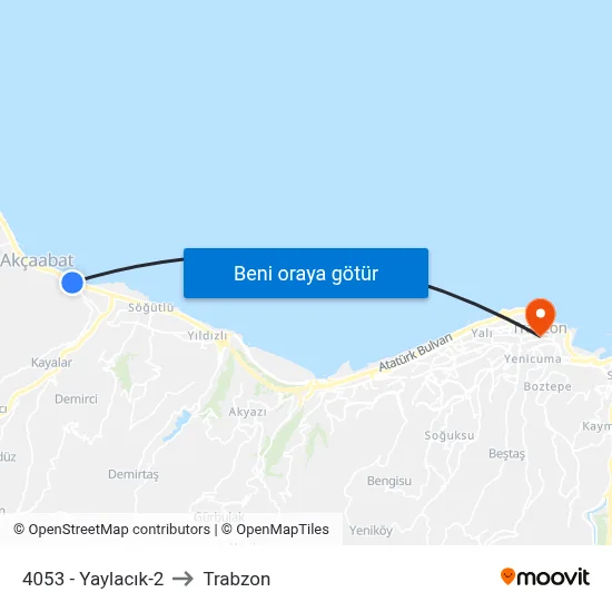 4053 - Yaylacık-2 to Trabzon map