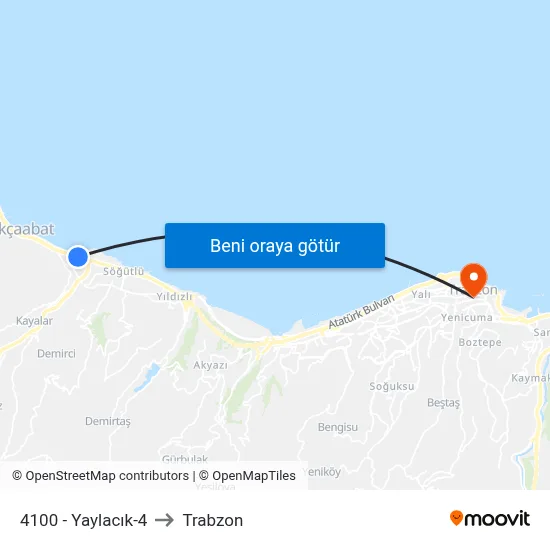 4100 - Yaylacık-4 to Trabzon map