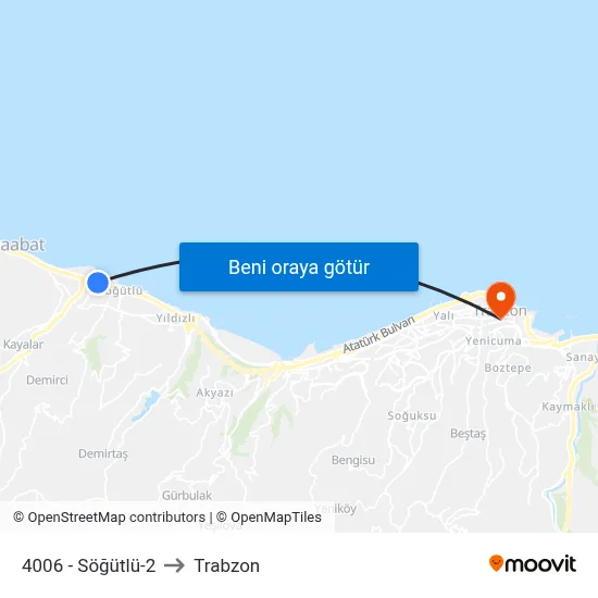4006 - Söğütlü-2 to Trabzon map
