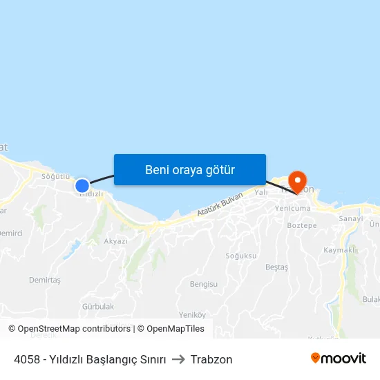 4058 - Yıldızlı Başlangıç Sınırı to Trabzon map