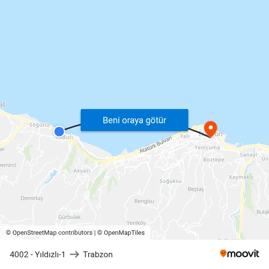4002 - Yıldızlı-1 to Trabzon map