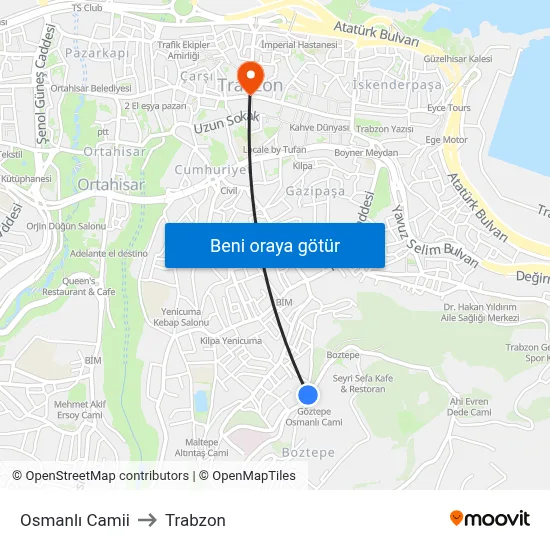 Osmanlı Camii to Trabzon map