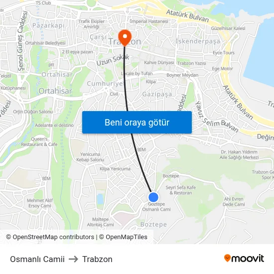 Osmanlı Camii to Trabzon map