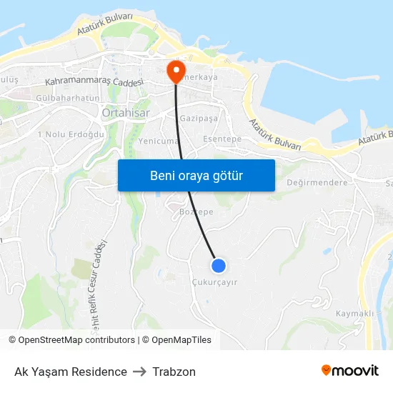 Ak Yaşam Residence to Trabzon map