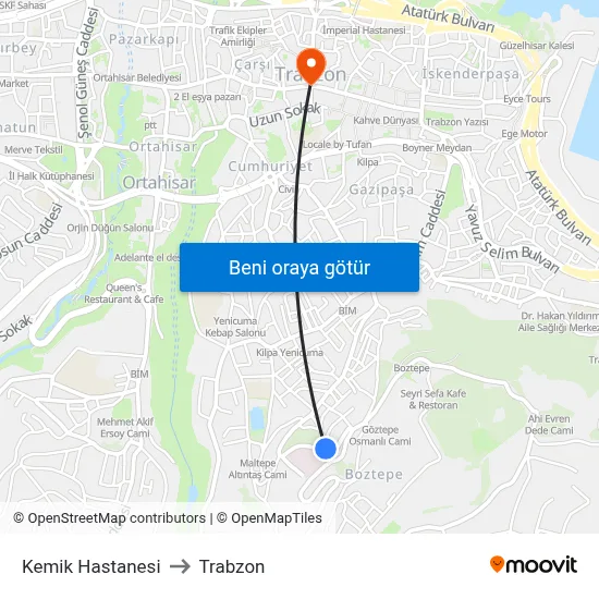 Kemik Hastanesi to Trabzon map