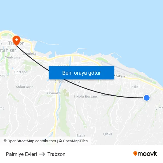 Palmiye Evleri to Trabzon map