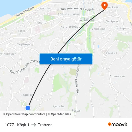 1077 - Köşk-1 to Trabzon map