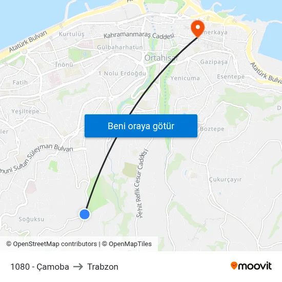 1080 - Çamoba to Trabzon map