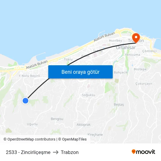 2533 - Zincirliçeşme to Trabzon map
