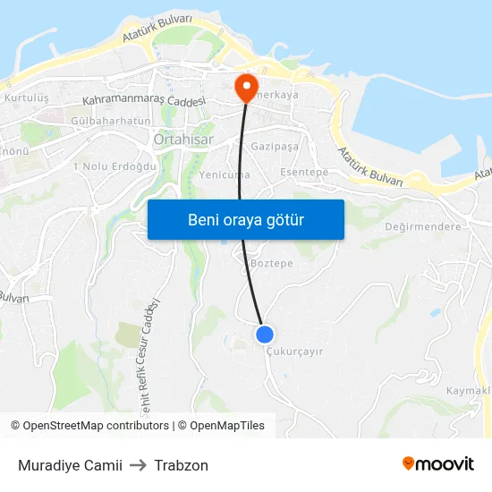 Muradiye Camii to Trabzon map