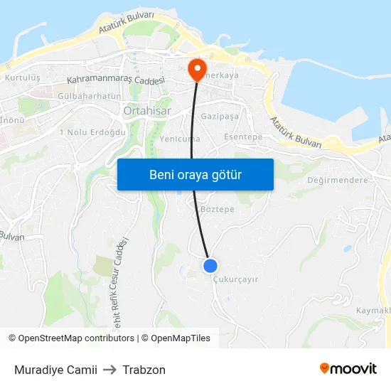 Muradiye Camii to Trabzon map