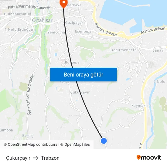 Çukurçayır to Trabzon map