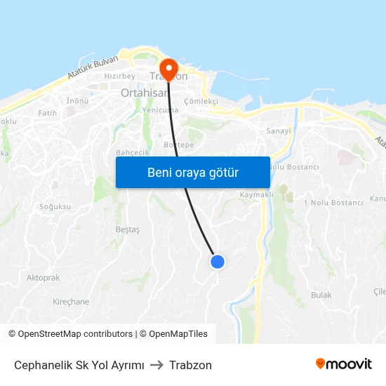 Cephanelik Sk Yol Ayrımı to Trabzon map