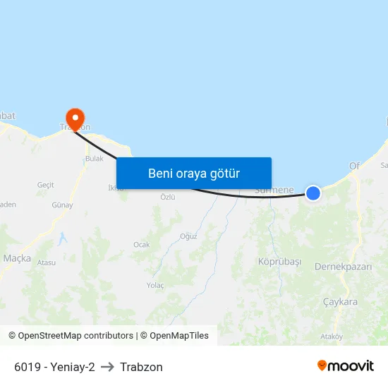 6019 - Yeniay-2 to Trabzon map